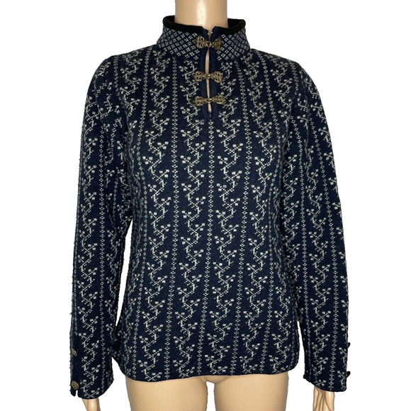 Women's Small Laila & Lasse Black Printed Hook Eye Closure Pullover Sweater Wool - Picture 1 of 5